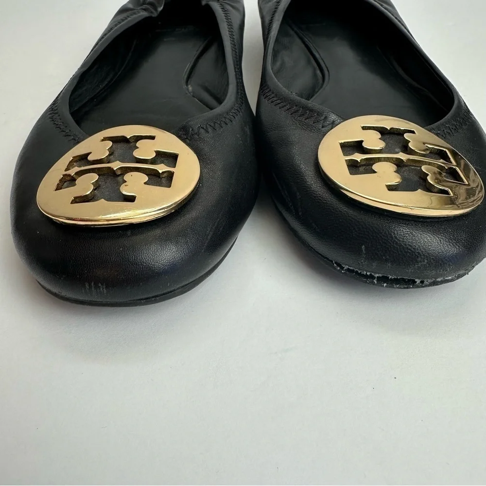 Tory Burch Ballet Flats Black Women's Size 7 Shoes Black Gold Medallion Leather